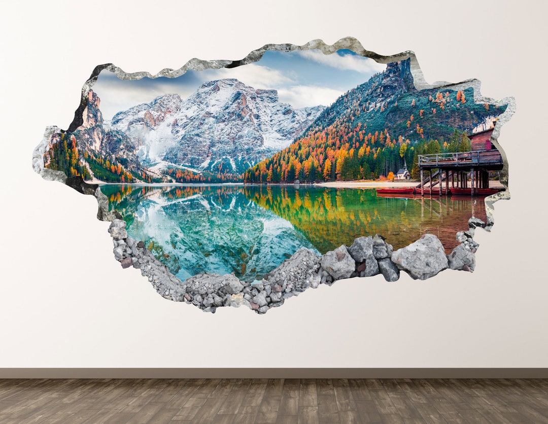 Mountains Wall Decal Lake 3D Smashed Wall Art Sticker Kids Room Decor Vinyl Home Poster Custom
