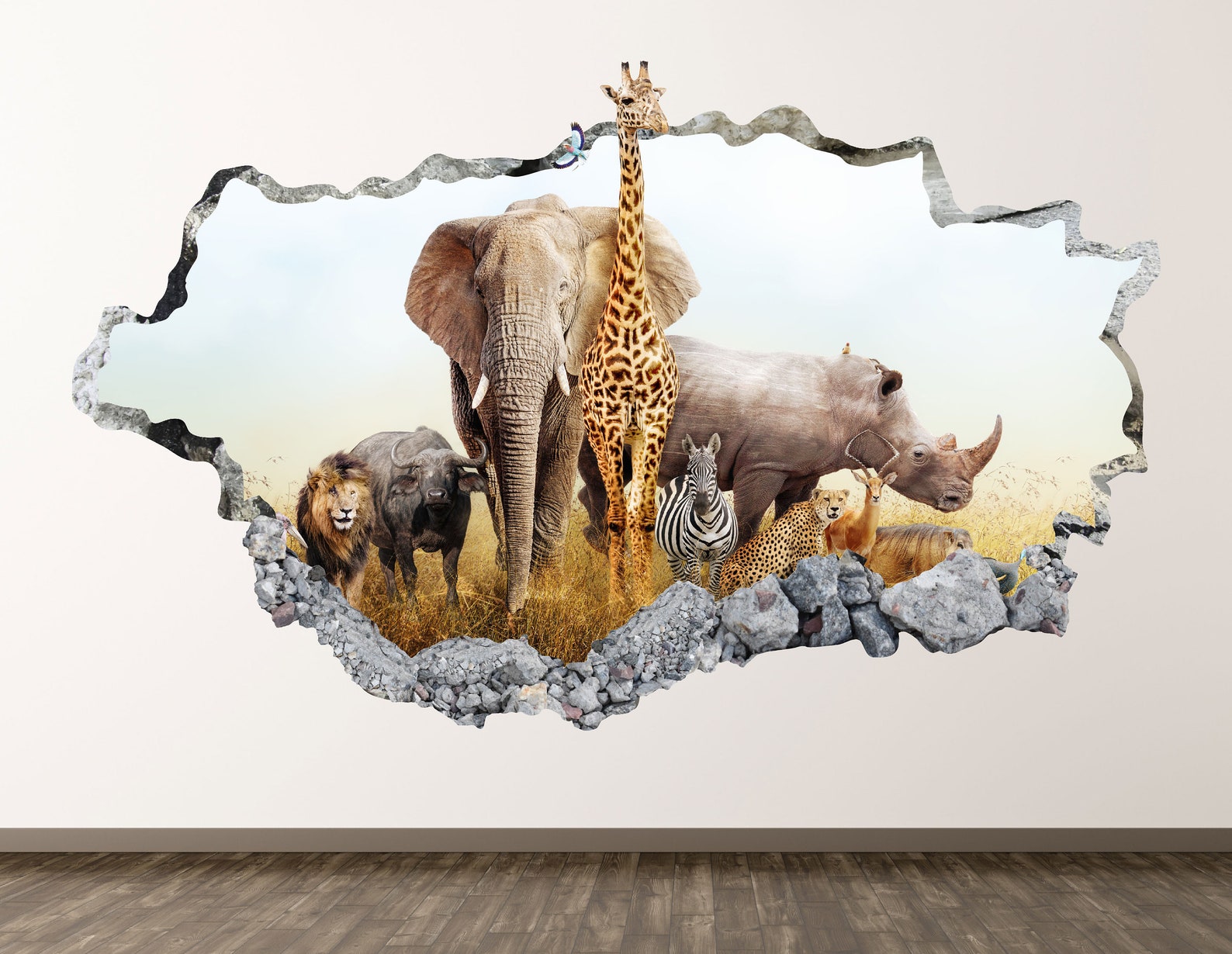 Safari Wall Decal - African Animals 3D Smashed Wall Art Sticker Kids ...