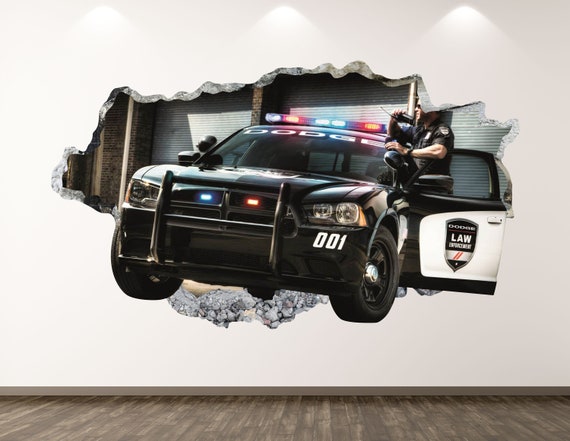 Polizei Auto Wandtattoo Sport 3D Smashed Wall Art Sticker Kids