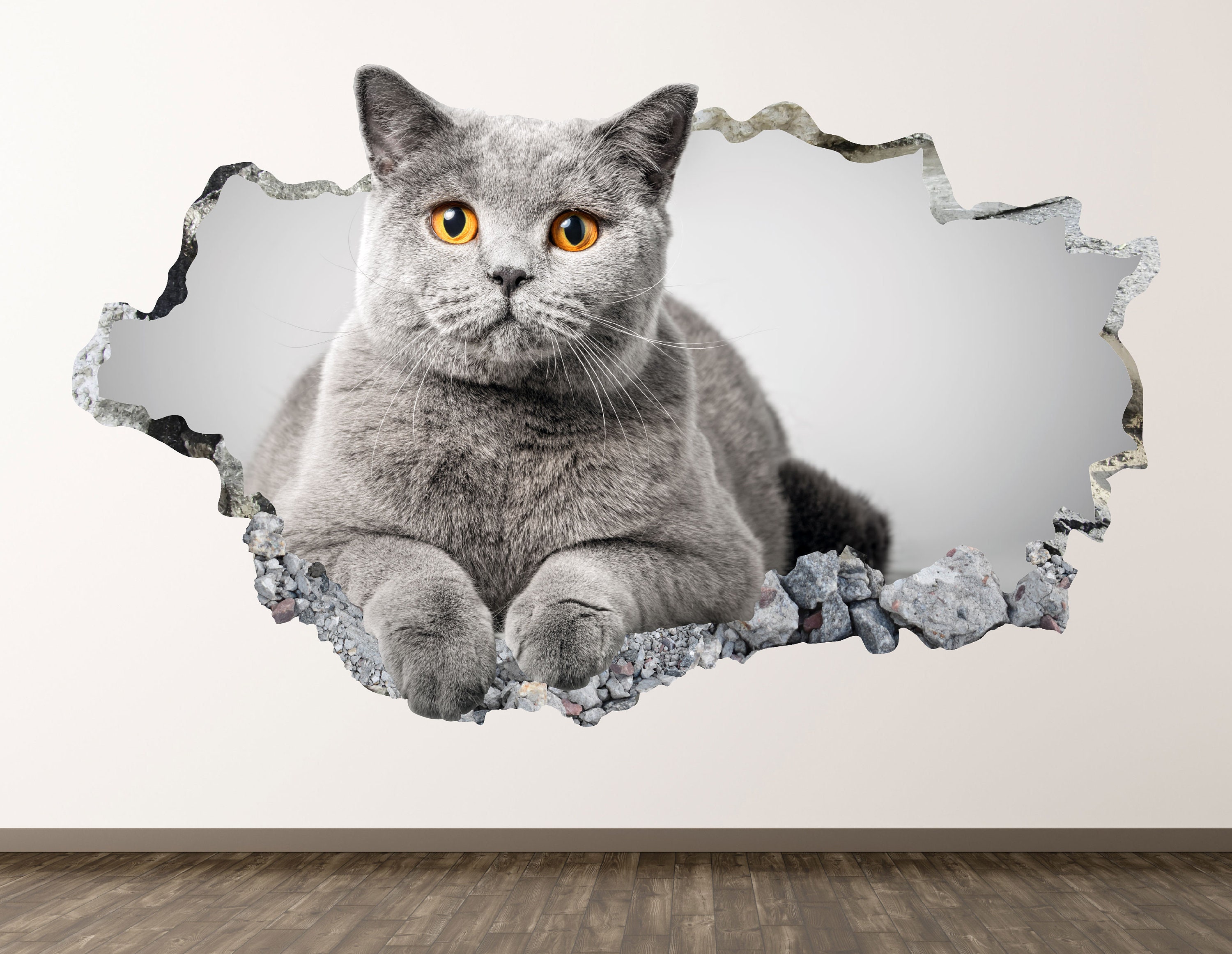 Gray Cat Wall Sticker Dier 3D Smashed Wall Art Sticker Kids Decor Vinyl Home Poster Custom Gift KD842