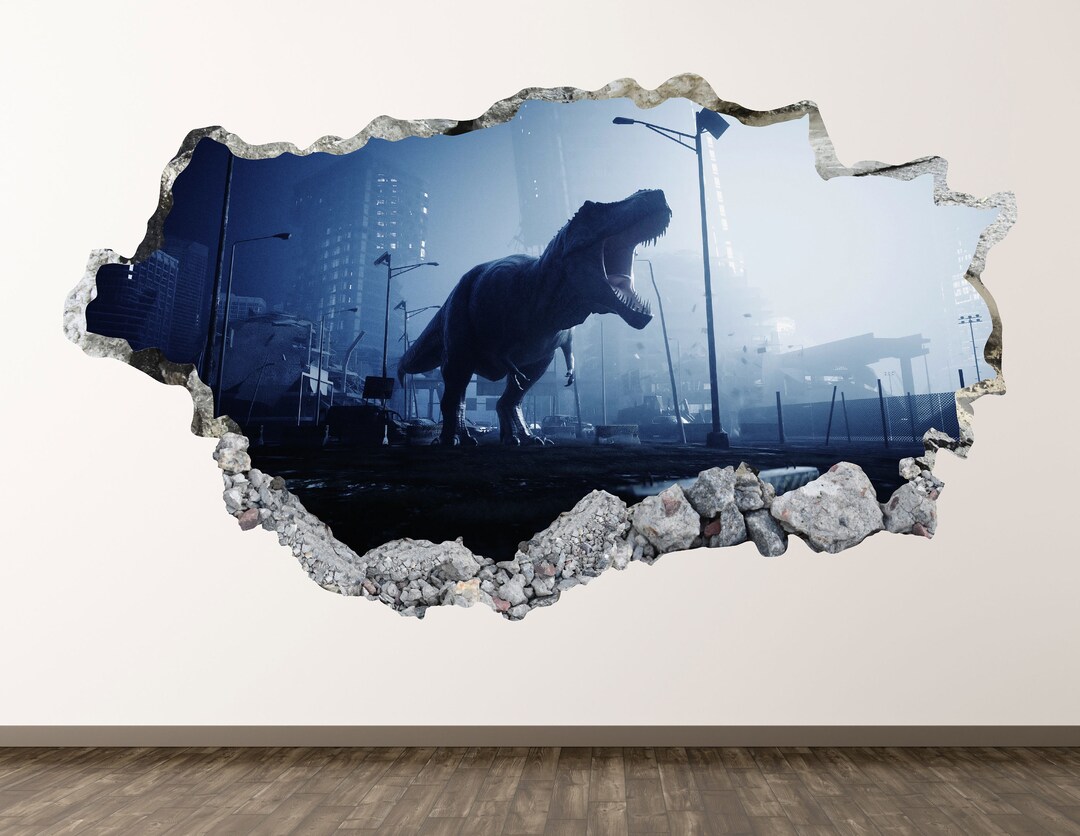 Dinosaur T-rex Wall Decal - Empty City 3D Smashed Wall Art Sticker Kids ...