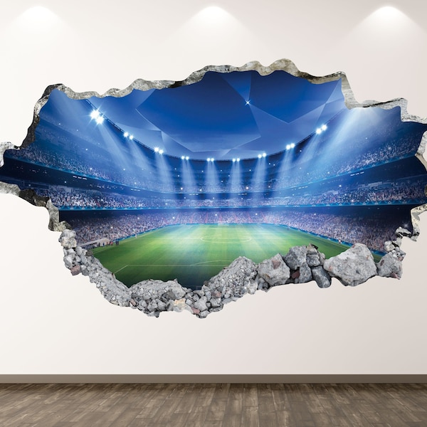 Soccer Stadium Wall Decal - Sports 3D Smashed Wall Art Sticker Kids Room Decor Vinyl Home Poster Custom Gift KD100