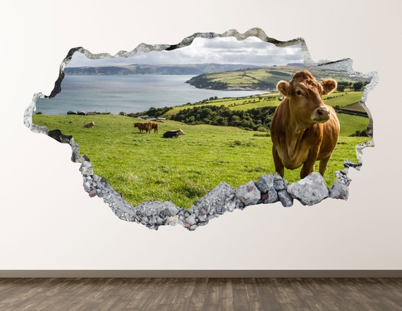 Wilde Kuh Wandaufkleber Tier Bauernhof 3D zerschlagen Wand Kunst Aufkleber  Kinder Zimmer Dekor Vinyl Home Poster benutzerdefinierte Geschenk KD836 -  .de