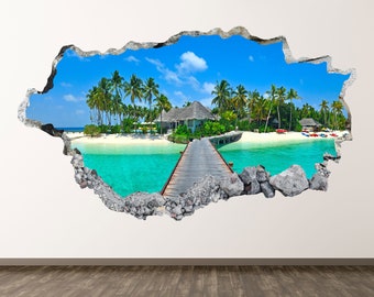 Beach Wall Decal - Paradise 3D Smashed Wall Art Sticker Kids Room Decor Vinyl Home Poster Personalized Gift KD449