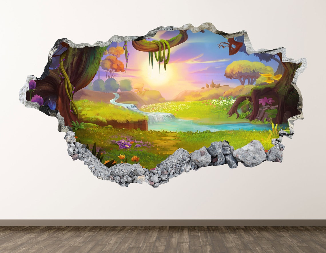Fantasy Land Wall Decal Cartoon Landscape 3D Smashed Wall Etsy