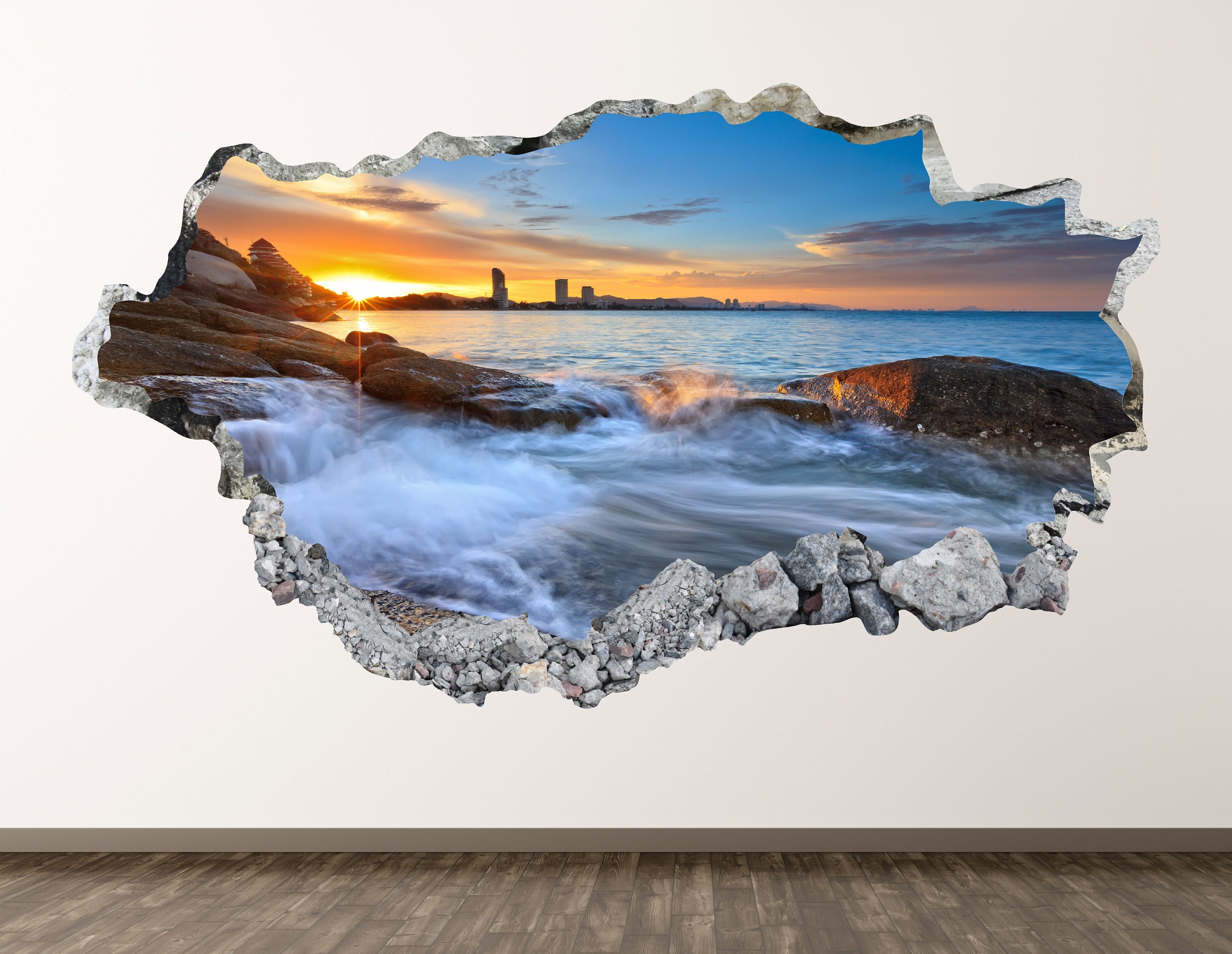 Beach Sunrise Wall Decal Ocean 3D Smashed Wall Art Sticker Etsy