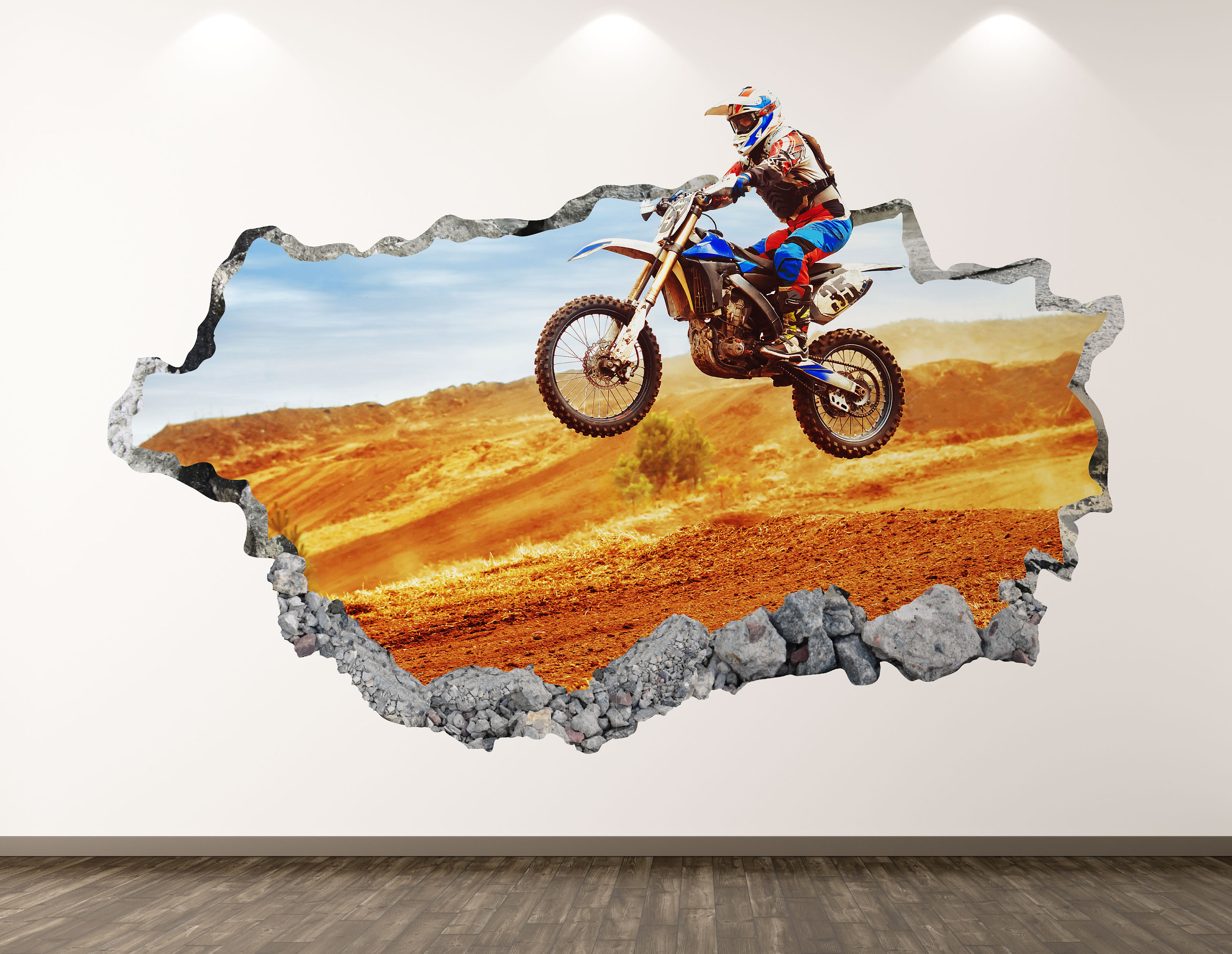 Motocross-Wand-Aufkleber Wüste Racing 3D zerschlagen Wand Kunst Aufkleber  Kinder Zimmer Dekor Vinyl Home Poster benutzerdefinierte Geschenk KD208 -  .de