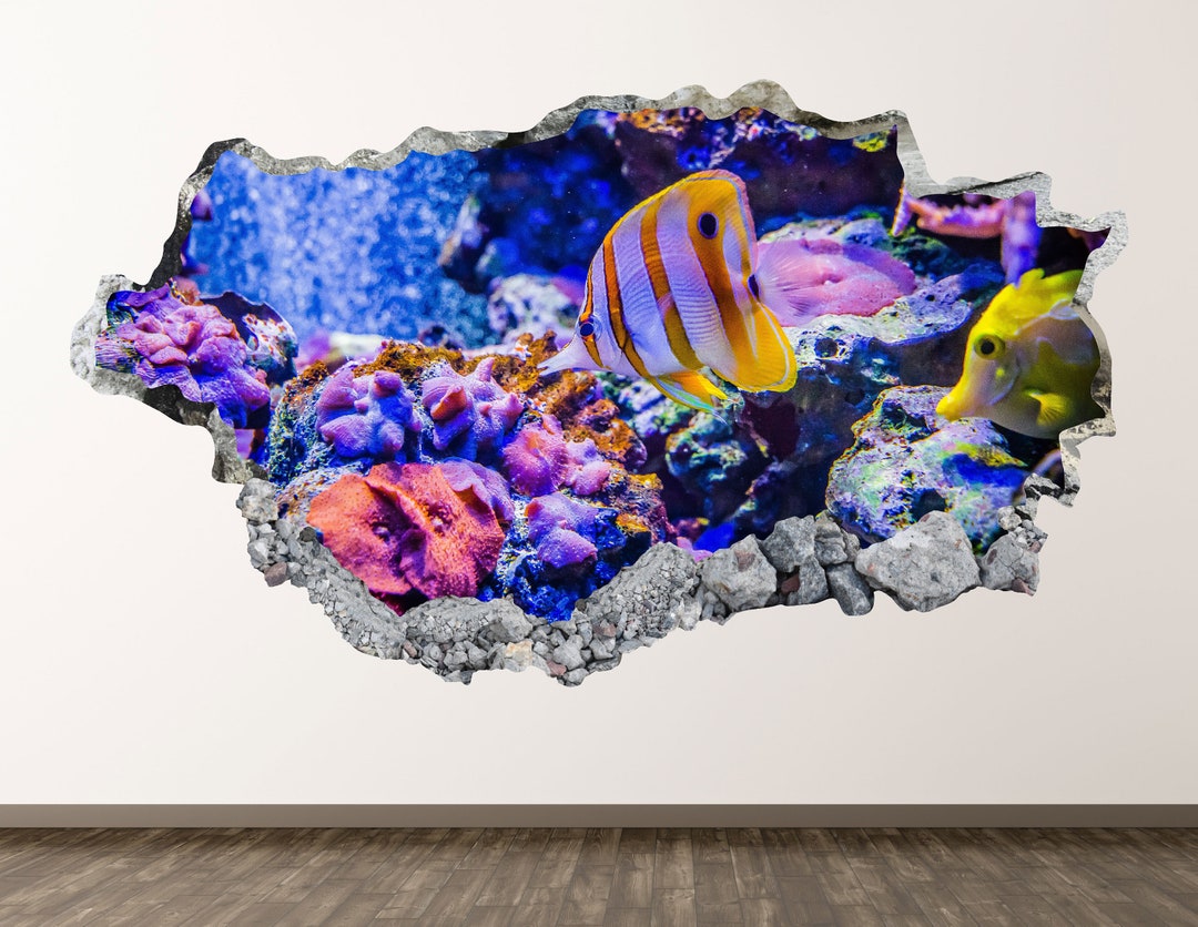 Aquarium Fish Wall Decal Deep Ocean 3D Smashed Wall Art Sticker Kids