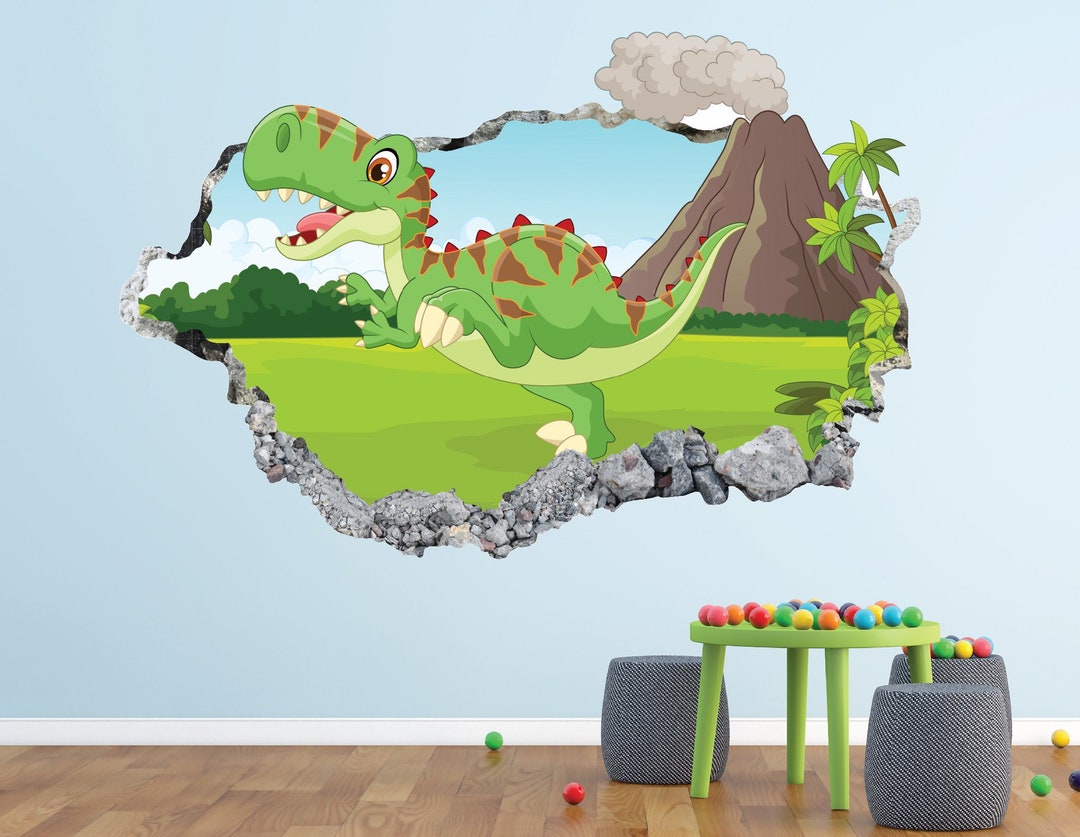 Baby Dinosaur Wall Decal Wild Animal 3D Smashed Wall Art Sticker Kids