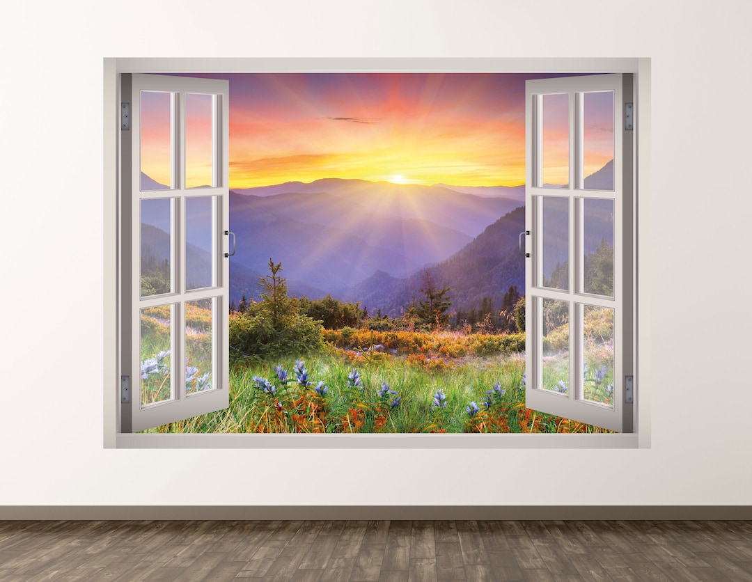 Mountains Wall Decal Landscape Sunrise 3D Window Wall Art Sticker Kids
