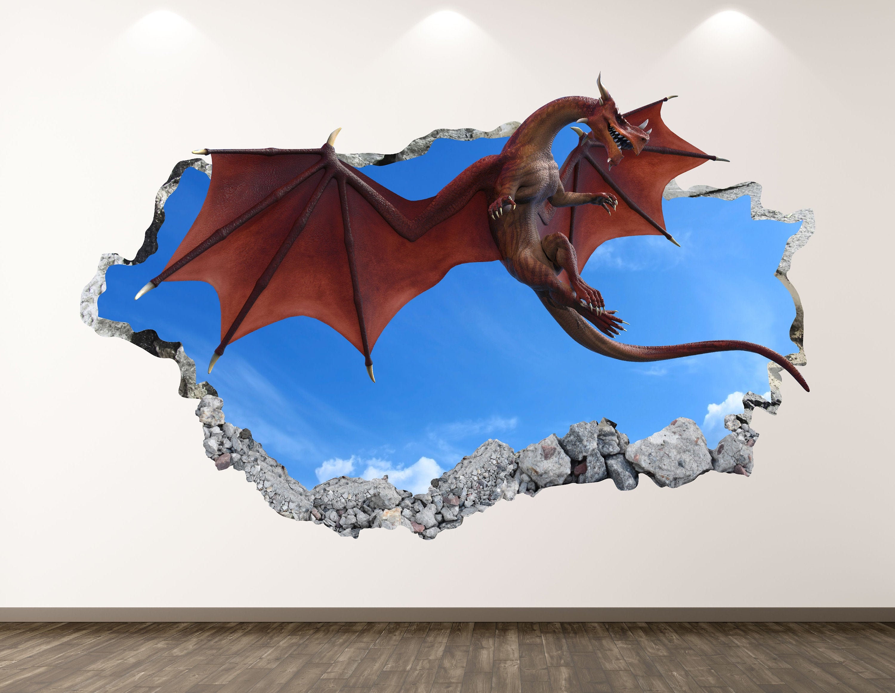 Dragon Wall Decal Fantasy 3D Smashed Wall Art Sticker Kids Decor