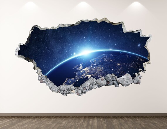 Earth Space Moon Planet Boys Bedroom Smashed Wall Decal 3D Art Stickers 