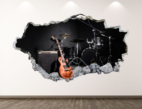 Guitar Wall Decal Rock Band Drums 3d Smashed Art - Guitar Wall Art Stickers Guitar Wall Decal Rock Band Drums 3d Smashed Art - Guitar Wall Art Stickers