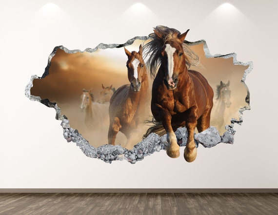 Horses Wall Decal - Farm Animal 3D Smashed Wall Art Sticker Kids Room Decor Vinyl Home Poster Custom Gift KD300