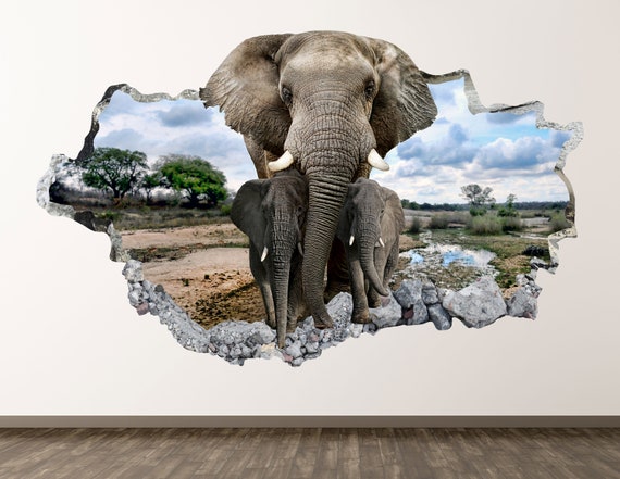 Vinyl Wandaufkleber Dekor Kunst Poster Aufkleber KD408 Wand personalisierte Elefant 3D zertrümmert Kinder Geschenk Wandbild Tier