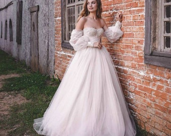 Open shoulders wedding dress, tulle wedding dress, lace wedding dress, wedding dress puffy sleeves, wedding dress 2023, ivory bridal gown