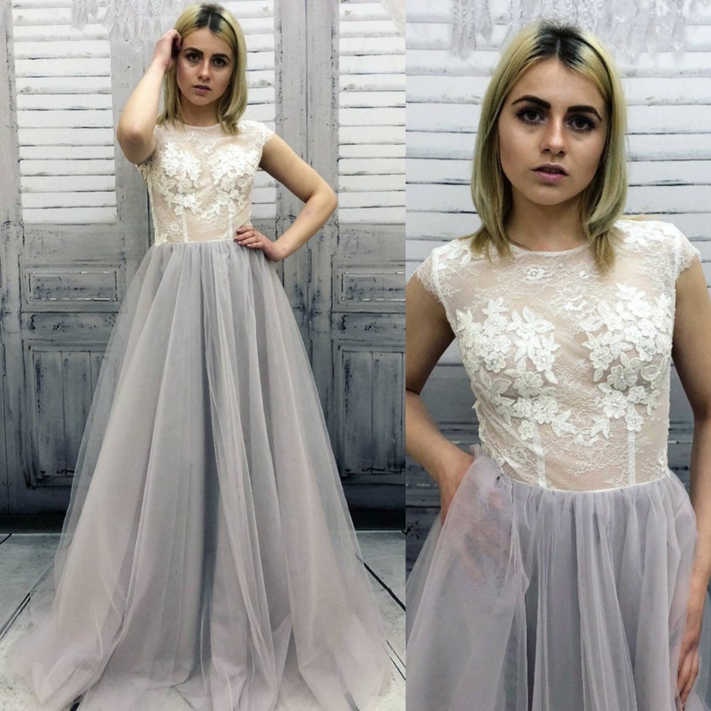 Blue Gray Bridal Gowngrey Wedding Dresstulle Dresscolor Etsy