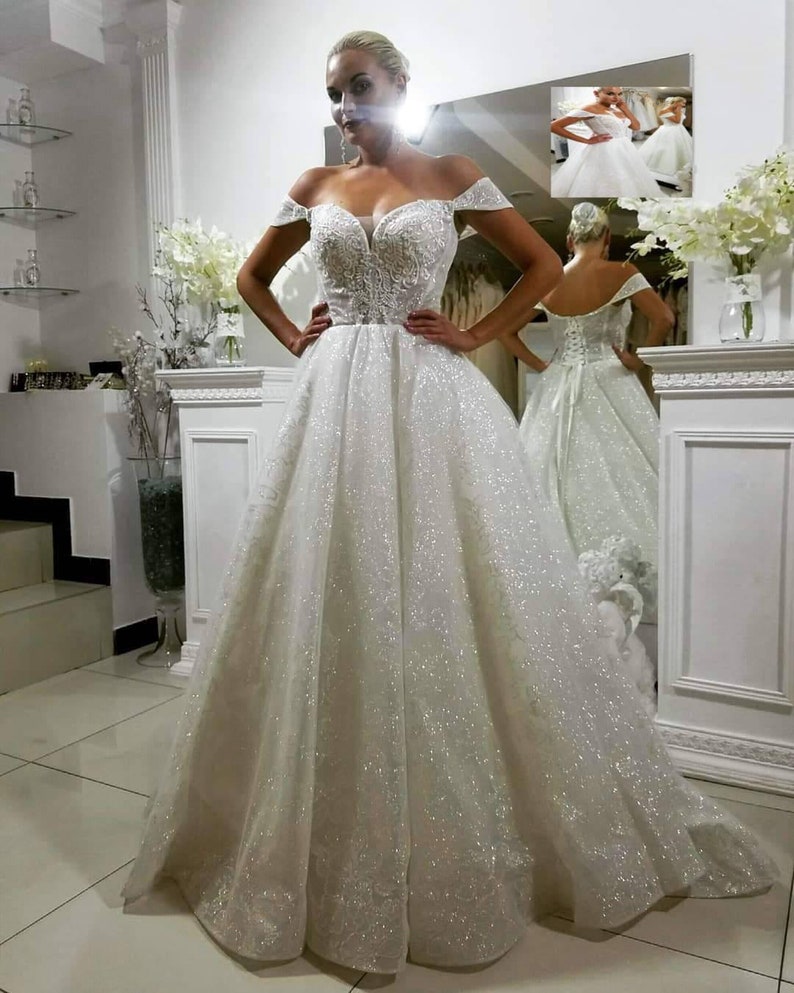 Long Train Glitter Lace Wedding Dress With off Shoulder - Etsy
