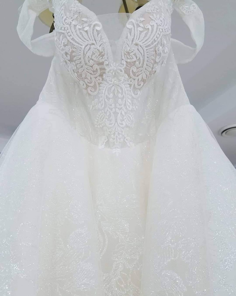 Long Train Glitter Lace Wedding Dress With off Shoulder - Etsy
