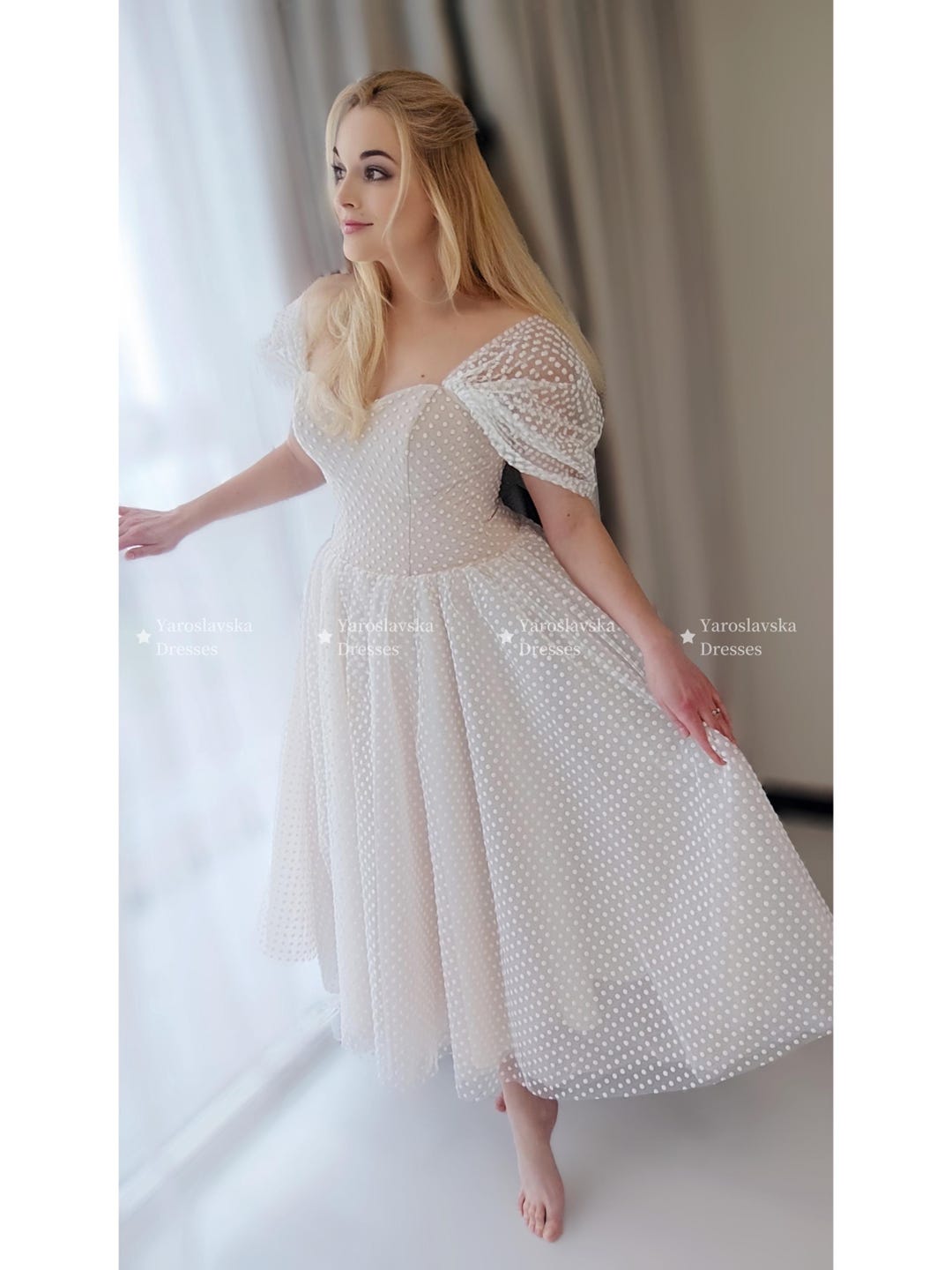 Retro Off the Shoulder Polka Dot Tulle 50s Style Tea Length Wedding Dress