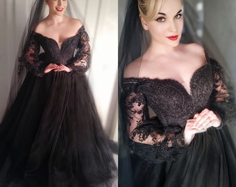 Gothic black floral lace long wedding dress,gothic Ball gown,Victorian black dress,black tulle dress,Floral black bridal dress with train