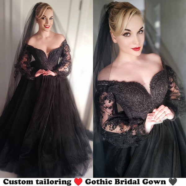 Gothic black floral lace long wedding dress,gothic Ball gown,Victorian black dress,black tulle dress,Floral black bridal dress with train