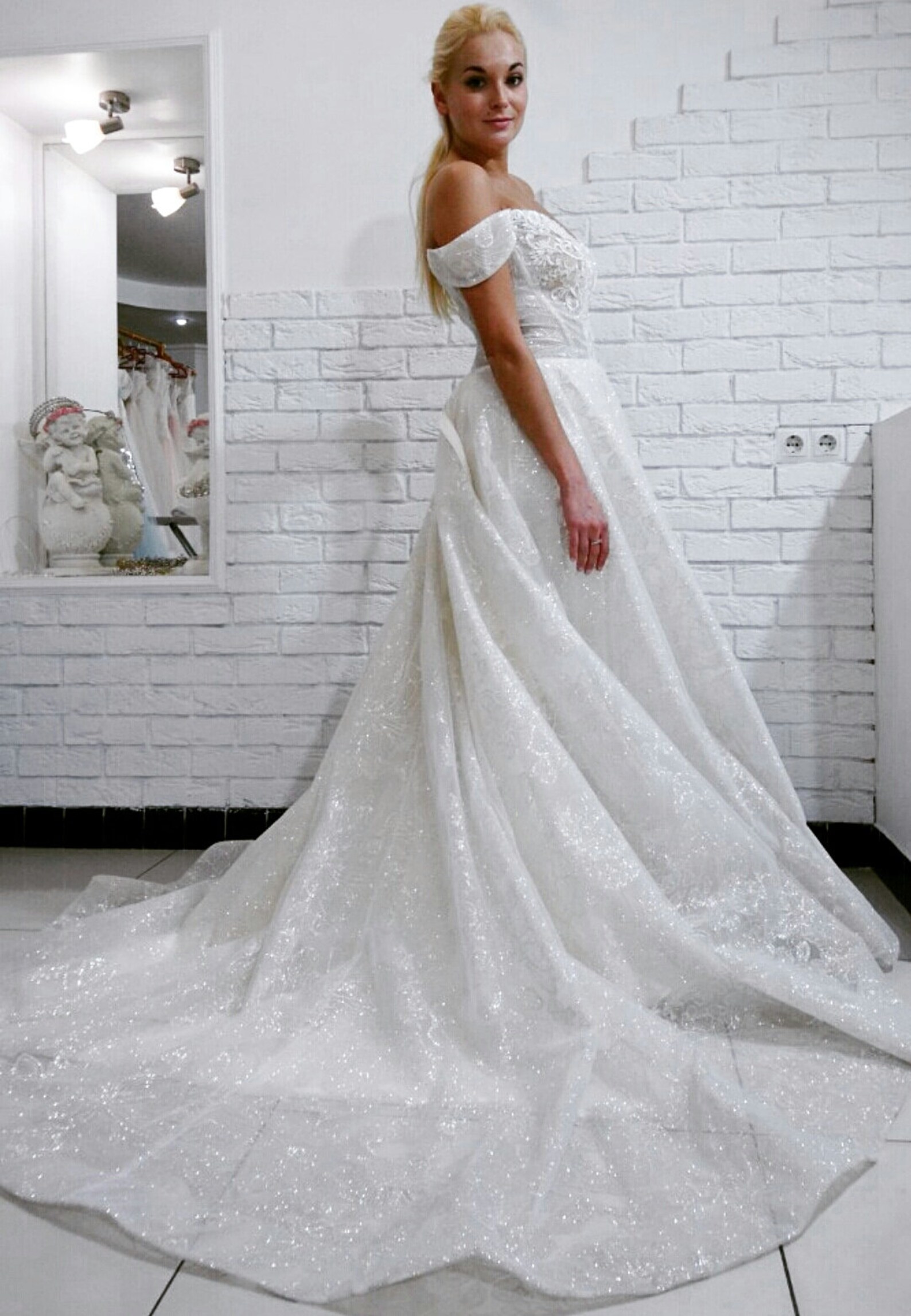 Long Train Glitter Lace Wedding Dress With off Shoulder - Etsy