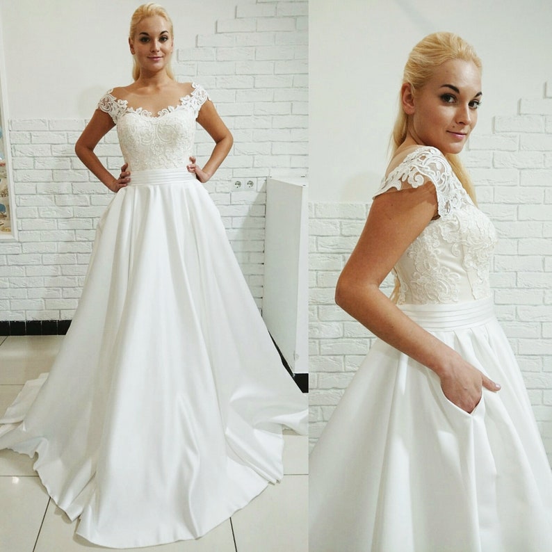 Satin Lace Wedding Dress With Long Train Lace Corset Wedding Etsy