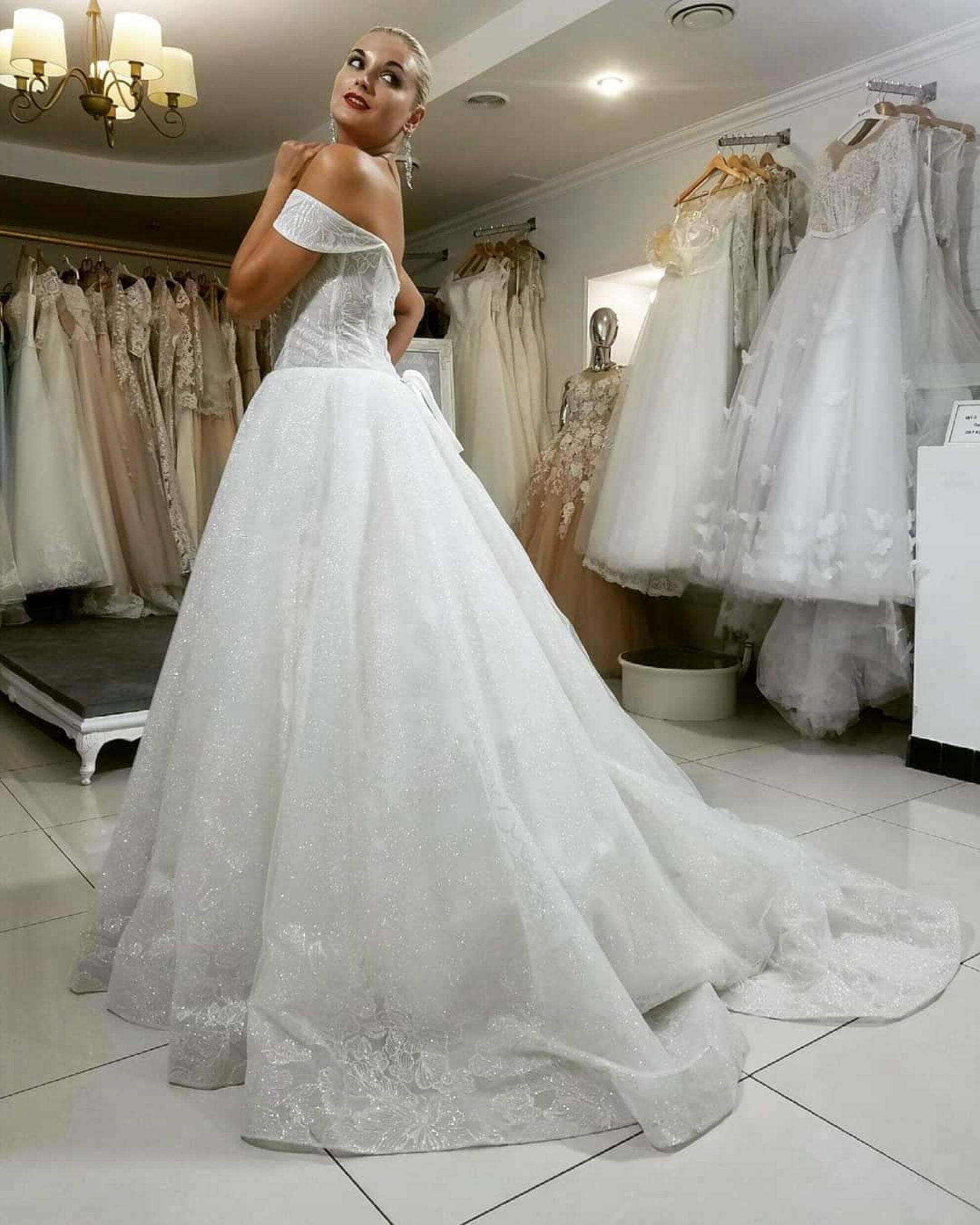 Long Train Glitter Lace Wedding Dress With off Shoulder - Etsy