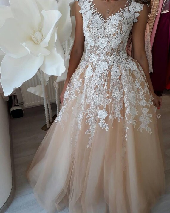 3d Lace Wedding Dress Champagne Ivory Nude Wedding Gown Etsy