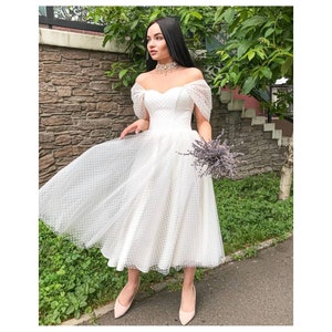 Vintage polka dot short wedding dress,white tea length polka dot wedding dress,sweetheart corset retro wedding dress midi,ivory dress
