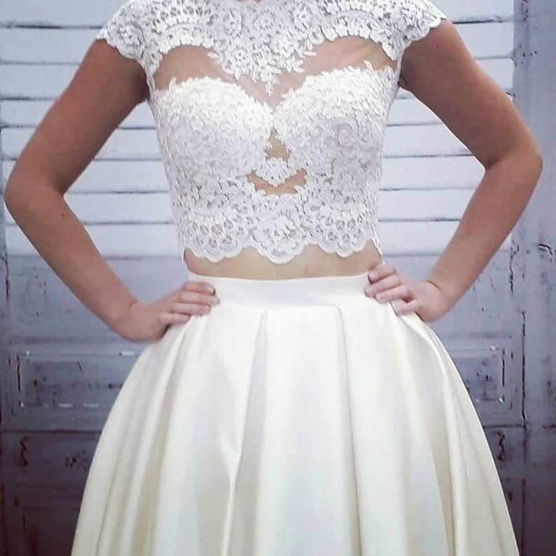 wedding dress lace top satin skirt