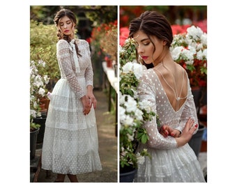 Midi boho wedding dress,lace A line custom dress,romantic transparent beach wedding dress,polka dot wedding dress,minimalist modest dress
