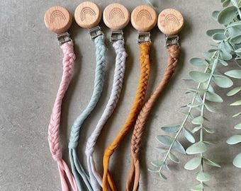 Clip para chupete de algodón trenzado: Cadena para chupete de madera con diseño de arcoíris estilo bohemio