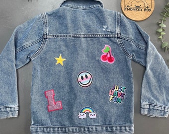 Girls Personalised Denim jacket, Custom denim jacket with patches, Denim jacket with name or initial, applique patch denim jacket.