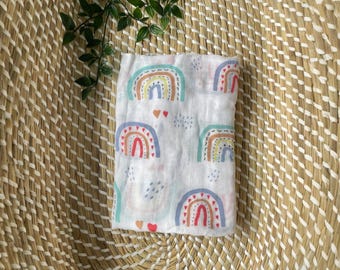 Manta envolvente de muselina arcoíris colorida, fular de algodón y bambú para bebé