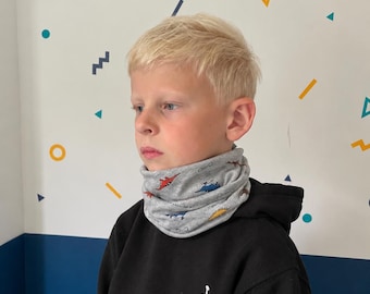 Children's Grey Dinosaur Snood: Cotton Neck Warmer, kids dinosaur snood, buffy, fun kids scarf