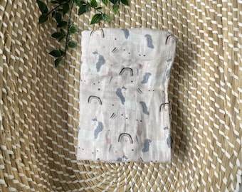 Manta de muselina de unicornio rosa pálido, fular de algodón y bambú para bebé