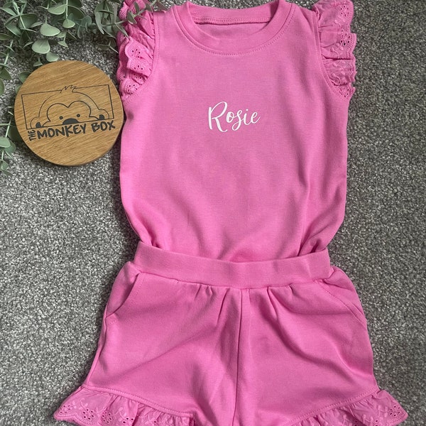 Mädchen personalisierte Kleidung, Broderie Anglaise T-Shirt und kurze Set, Haselnuss, Rosa und Eierschale blau Mädchen Twin Set, Mädchen erste T-Shirt