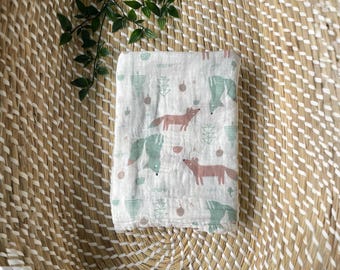 Manta de muselina de zorro, manta de bebé de algodón y bambú con un divertido diseño de zorro