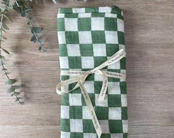 Manta de muselina grande a cuadros verdes, manta de muselina grande, manta de algodón/bambú, fular para bebé, manta de muselina grande