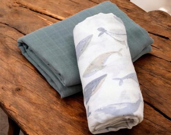 Manta de muselina grande con ballenas, manta de muselina grande, manta de algodón/bambú, fular para bebé, manta de muselina grande