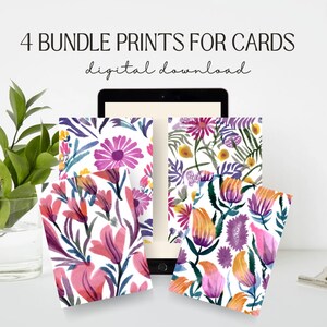 Wenskaart Bloemen Print Set van 4, Aquarel Flower Gallery Wall Set, Naadloos Patroon, Boho Botanische 4 Stuk, 5x7"