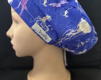 Jelly Fish in Blue - scrub hat for women,scrub cap, scrub cap for women, surgical cap, scrub cap Australia, adjustable scrub cap, marine