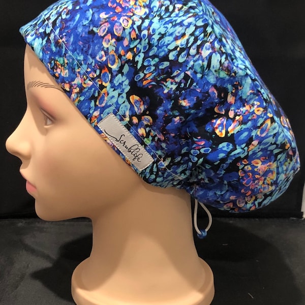 Peacock Splash - scrub hat for women,scrub cap, scrub cap for women, surgical cap, scrub cap Australia, adjustable scrub cap, floral