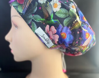 Hummingbird  Floral -  scrub hat for women,scrub cap, scrub cap for woman, surgical cap, scrub cap Australia, adjustable scrub cap, flowers