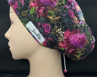 Bee Floral 2.0 - scrub hat for women,scrub cap, scrub cap for woman, surgical cap, scrub cap Australia, adjustable scrub cap, floral, bees