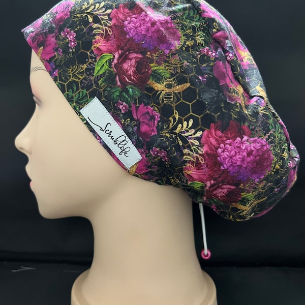 Bee Floral 2.0 - scrub hat for women,scrub cap, scrub cap for woman, surgical cap, scrub cap Australia, adjustable scrub cap, floral, bees
