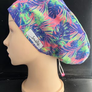 Pink Tropical Leaves -scrub hat for women,scrub cap, cute scrub cap, surgical cap, scrub cap Australia, adjustable scrub hat, cute scrub hat