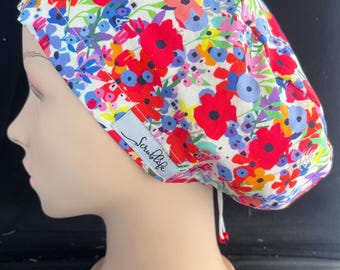Field Flowers in Red -scrub hat for women,scrub cap, cute scrub cap, surgical cap, scrub cap Australia, adjustable scrub hat, cute scrub hat